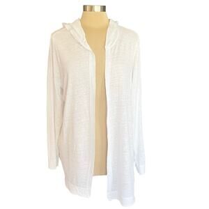 Tahari 100% Linen White Open Front Cardigan Hooded Sz 1X Beachy Coverup Summer